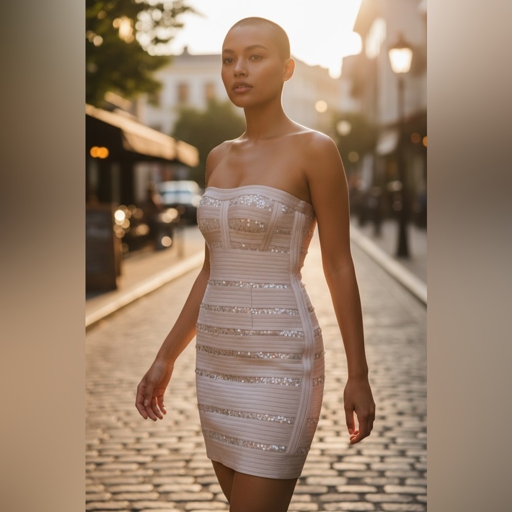 BCBGMaxAzria Strapless Beige Sequin Dress
